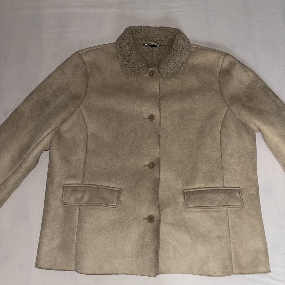 Lands' End Jacket Beige Faux Suede Buttons Pockets Borg Lined Size XL WinterFall